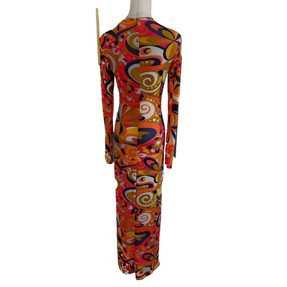 Zara Mod Printed Maxi Dress BodyCon Side Slits Stretch Retro 60s 70s Fitted XS - Picture 8 of 9